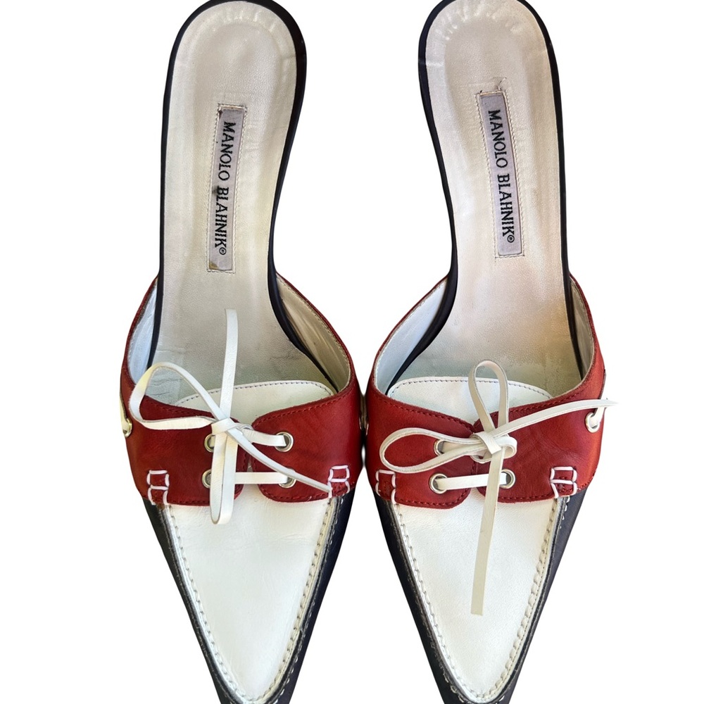 Rare Vintage Manolo Blahnik Red and White Kitten Heel Mules with Bow Accents